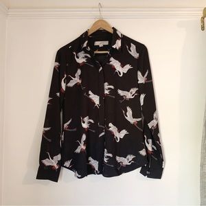 Loft XS Black Crane Bird Button Up Shirt Blouse